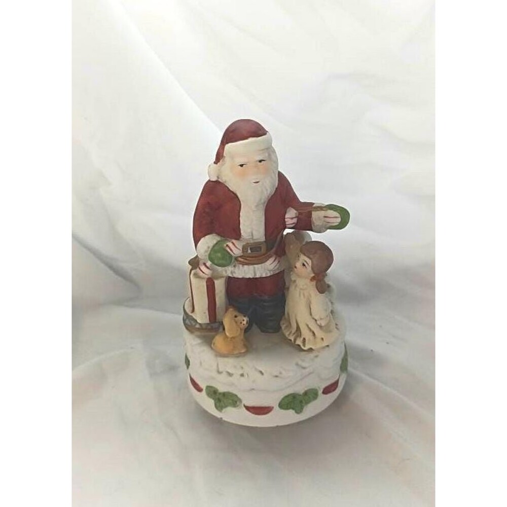 Vintage HOMCO Porcelain Santa Rotating Music Box Girl, Dog Home Interior